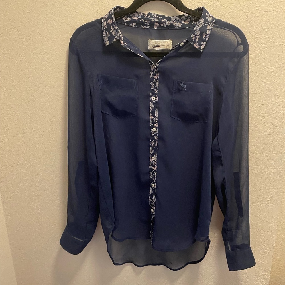 Abercrombie and Fitch Navy Blue Sheer Button Down With Floral Detailing.